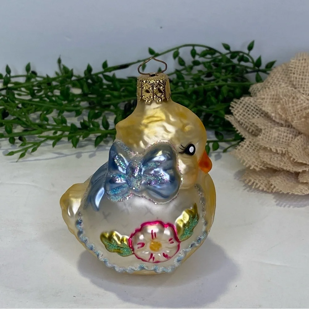 Vintage Made in Germany Glass Yellow Chick Ducky Ornament 2003 Glitter Colorful